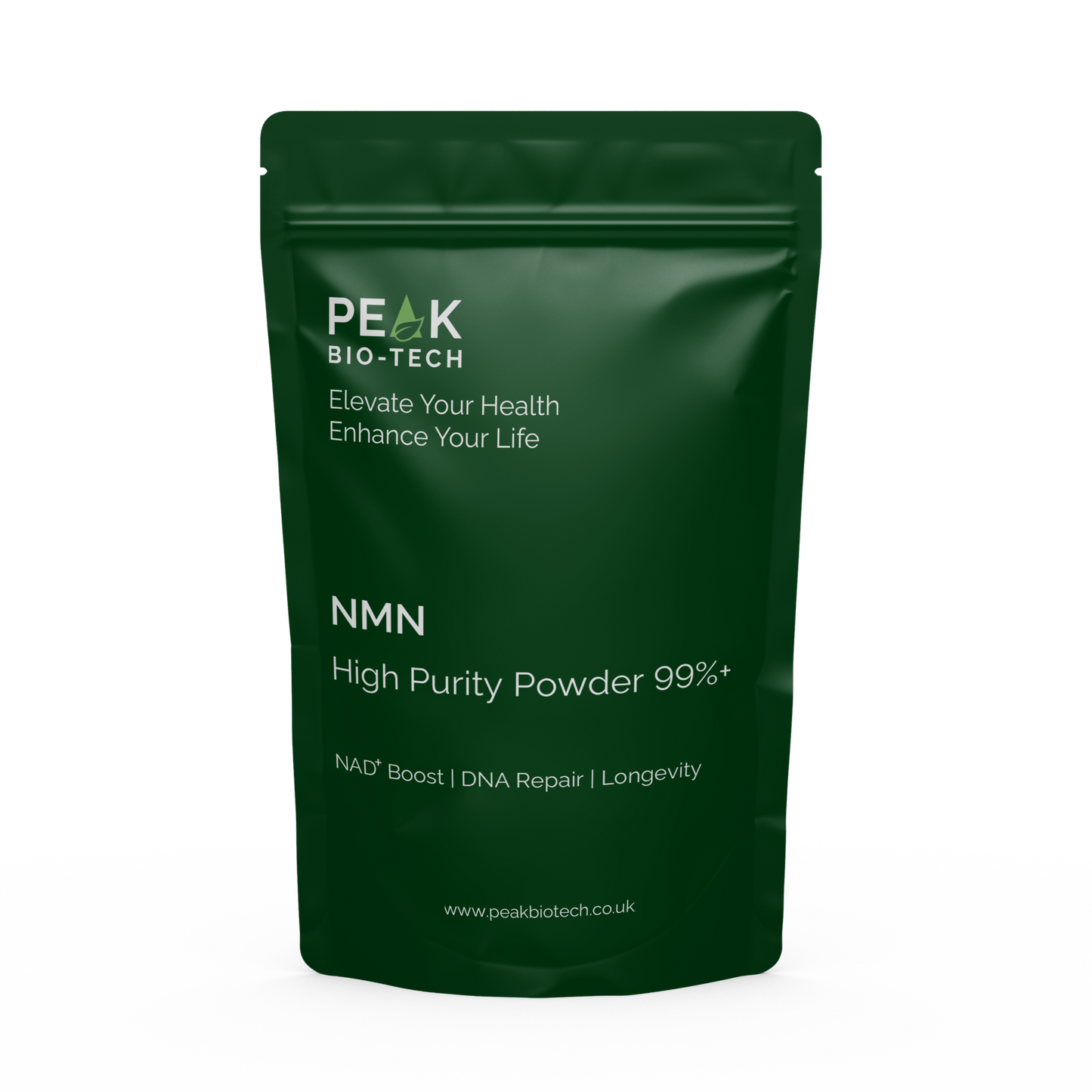 Front View of Peak Bio Tech High Purity NMN Pouch a supplement for NAD boost, DNA repair and longevity.