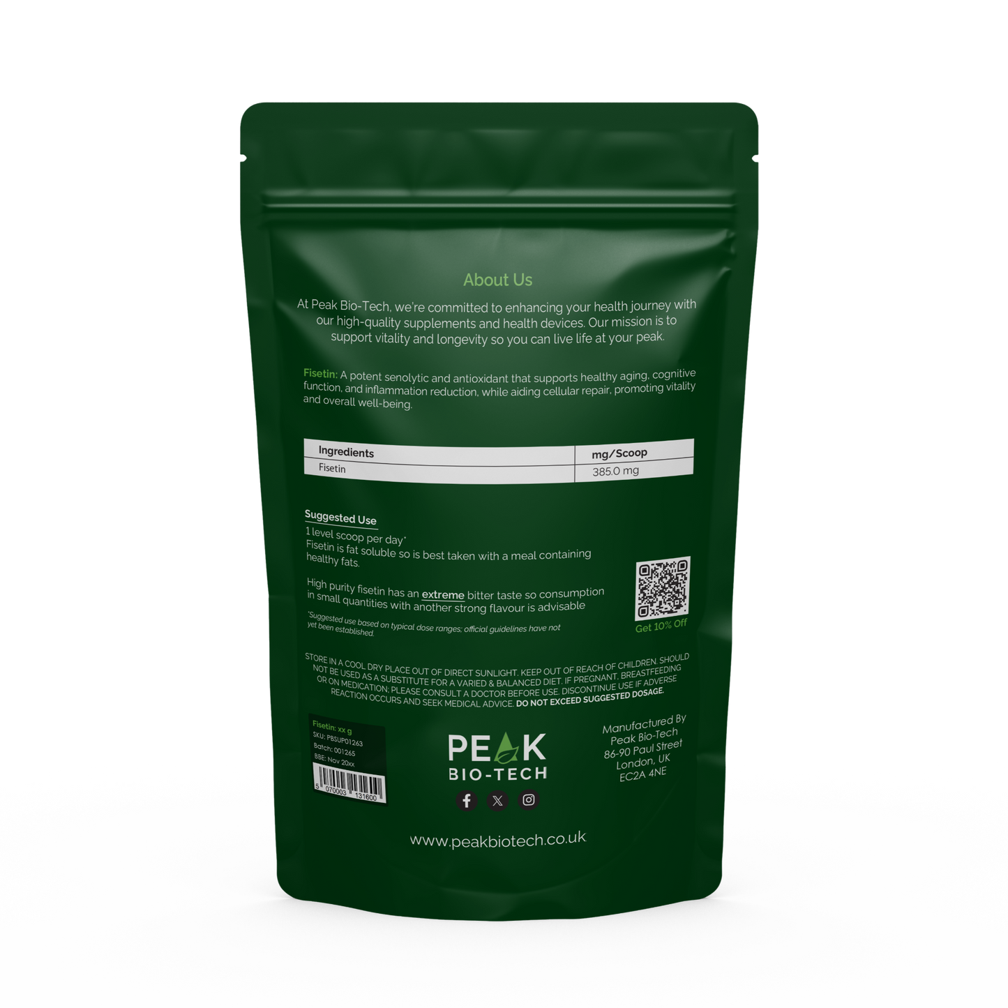 Back View of Peak Bio Tech High Purity Fisetin Pouch a senolytic and anti-inflammatory and longevity supplement.