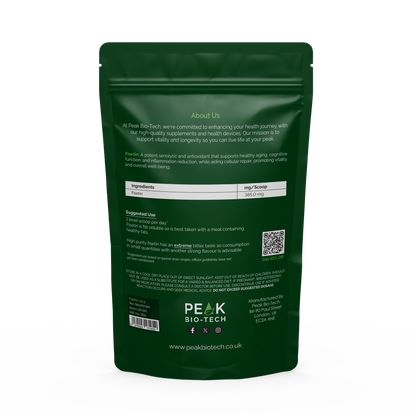 Back View of Peak Bio Tech High Purity Fisetin Pouch a senolytic and anti-inflammatory and longevity supplement.