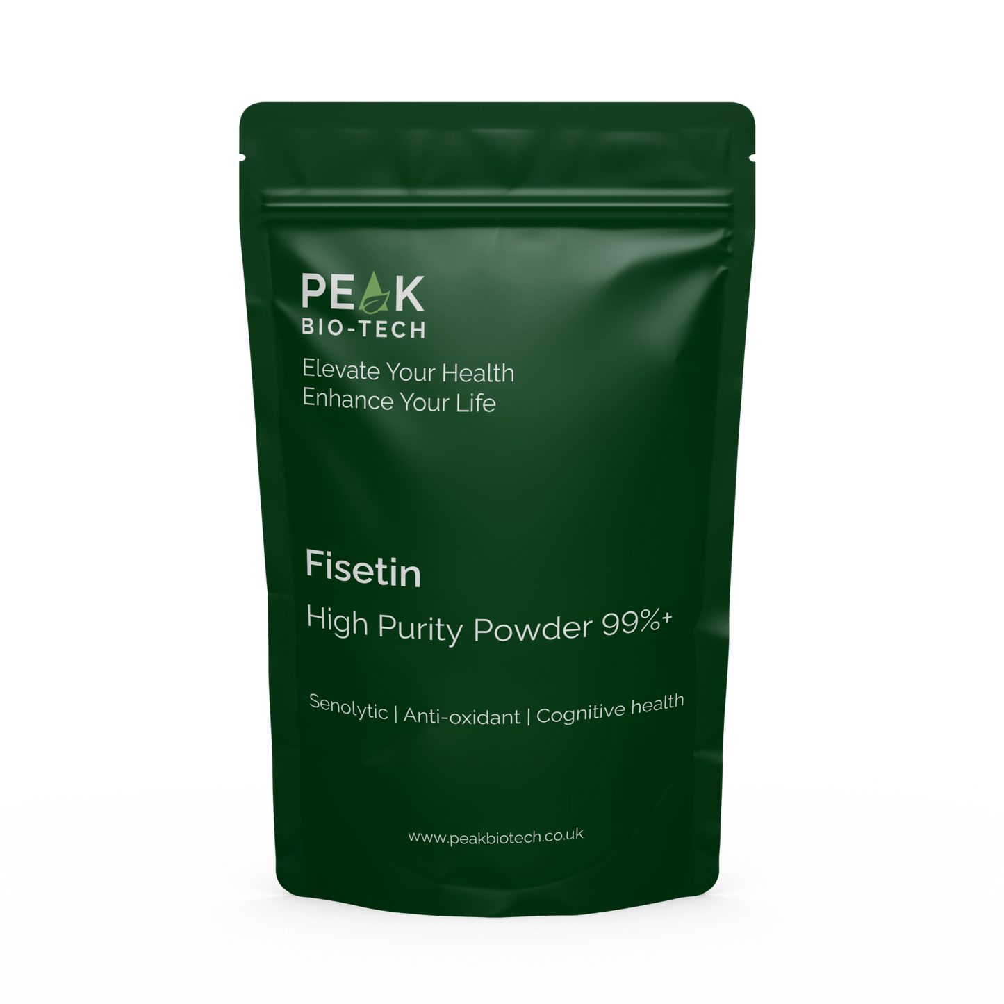 Front View of Peak Bio Tech High Purity Fisetin Pouch a senolytic and anti-inflammatory and longevity supplement.