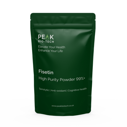 Front View of Peak Bio Tech High Purity Fisetin Pouch a senolytic and anti-inflammatory and longevity supplement.