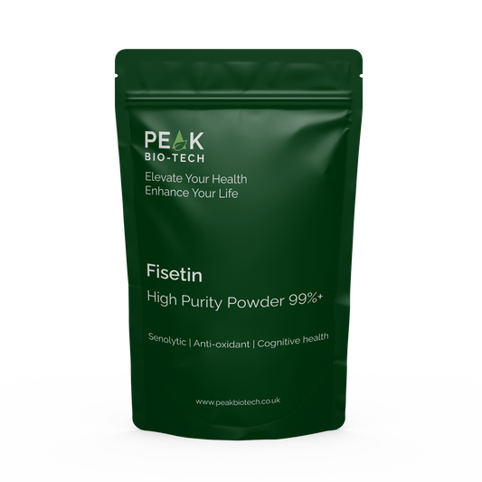 Front View of Peak Bio Tech High Purity Fisetin Pouch a senolytic and anti-inflammatory and longevity supplement.