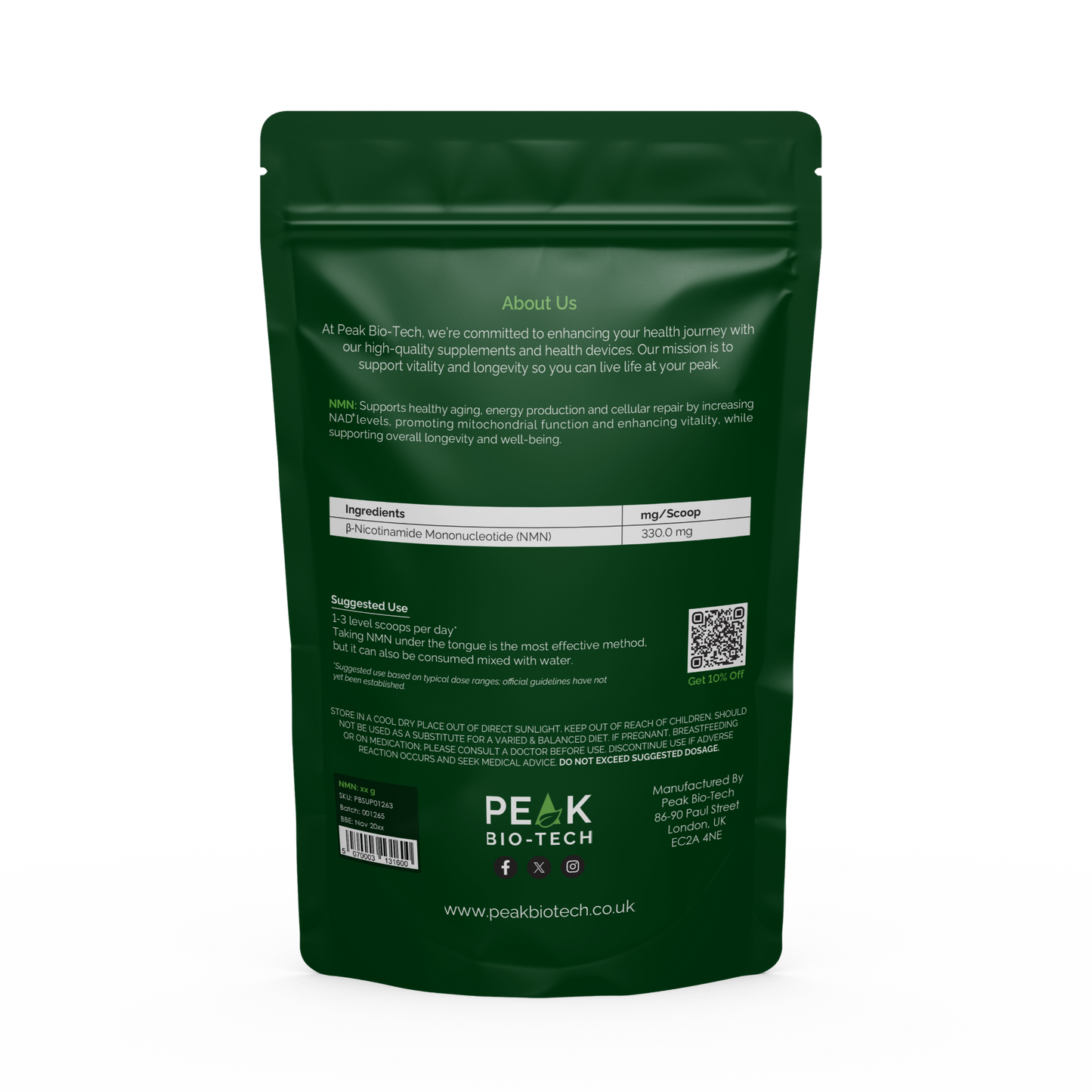 Back View of Peak Bio Tech High Purity NMN Pouch a supplement for NAD boost, DNA repair and longevity.