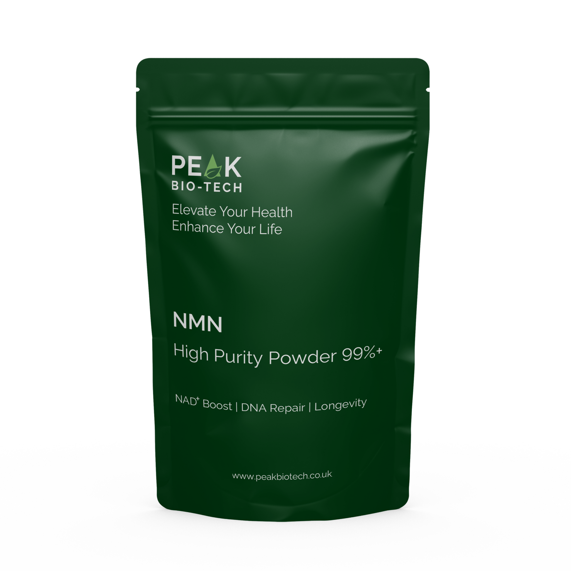 Front View of Peak Bio Tech High Purity NMN Pouch a supplement for NAD boost, DNA repair and longevity.