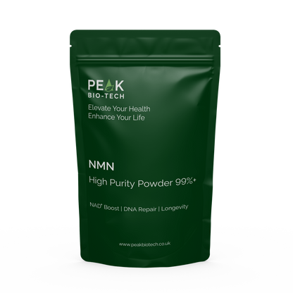 Front View of Peak Bio Tech High Purity NMN Pouch a supplement for NAD boost, DNA repair and longevity.