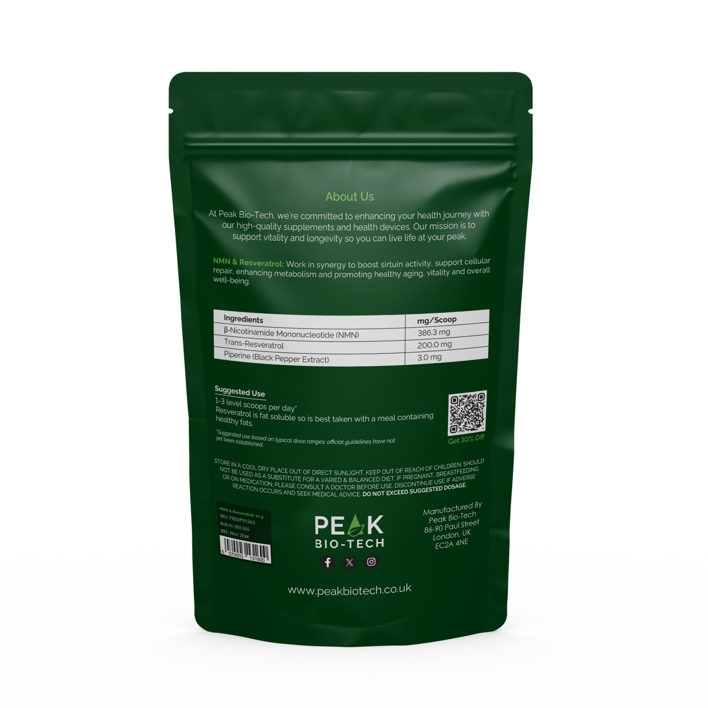 Back View of Peak Bio Tech High Purity NMN & Resveratrol with Piperine Pouch. A supplement for NAD boost, DNA repair and longevity.