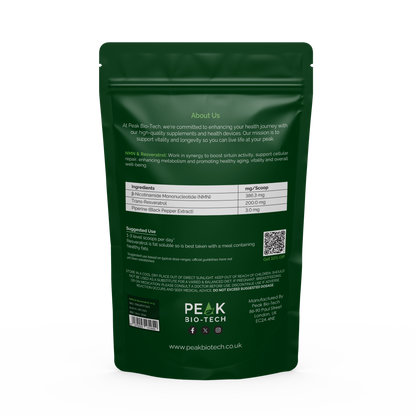 Back View of Peak Bio Tech High Purity NMN & Resveratrol with Piperine Pouch. A supplement for NAD boost, DNA repair and longevity.