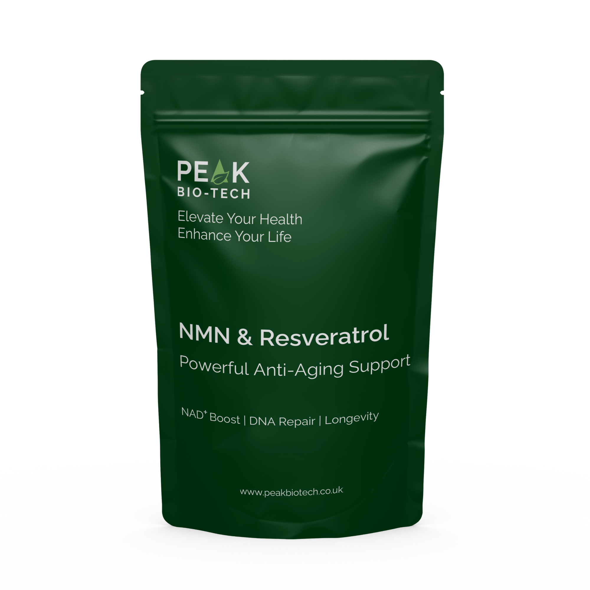 Front View of Peak Bio Tech High Purity NMN & Resveratrol with Piperine Pouch. A supplement for NAD boost, DNA repair and longevity.