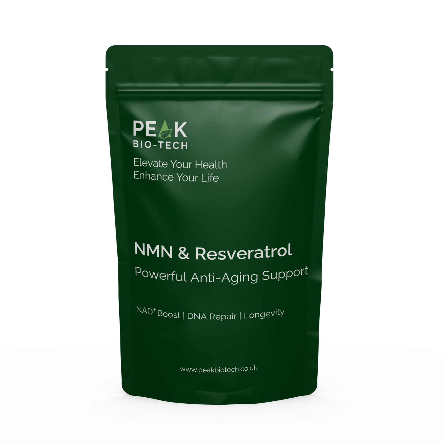 Front View of Peak Bio Tech High Purity NMN & Resveratrol with Piperine Pouch. A supplement for NAD boost, DNA repair and longevity.