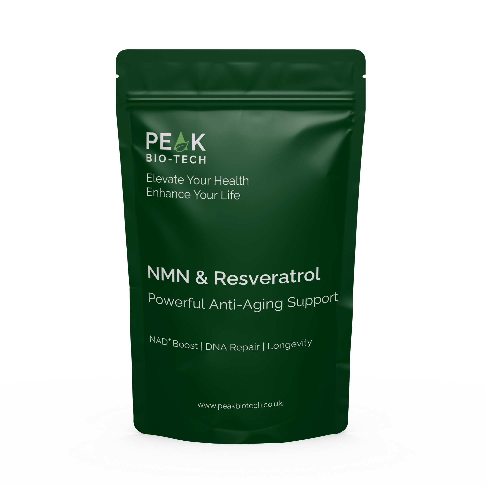 Front View of Peak Bio Tech High Purity NMN & Resveratrol with Piperine Pouch. A supplement for NAD boost, DNA repair and longevity.