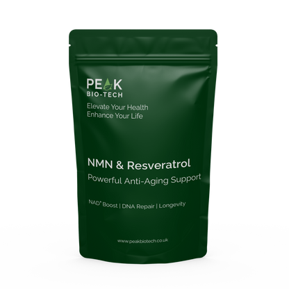 Front View of Peak Bio Tech High Purity NMN & Resveratrol with Piperine Pouch. A supplement for NAD boost, DNA repair and longevity.