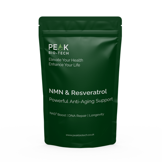 Front View of Peak Bio Tech High Purity NMN & Resveratrol with Piperine Pouch. A supplement for NAD boost, DNA repair and longevity.