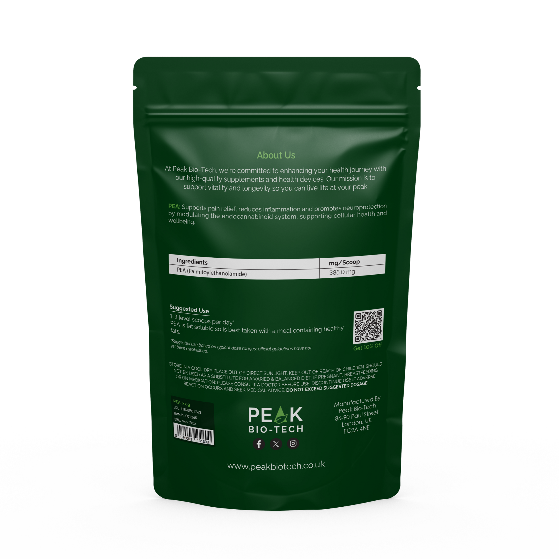 Back View of Peak Bio Tech High Purity PEA supplement Pouch. For Natural pain relief and anti-inflammation.