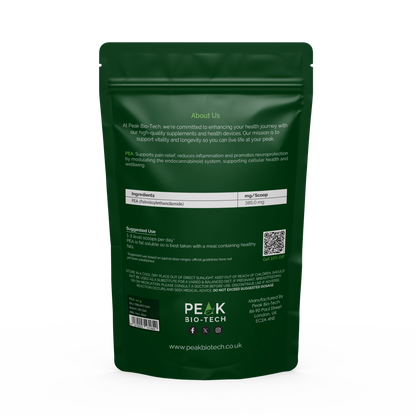 Back View of Peak Bio Tech High Purity PEA supplement Pouch. For Natural pain relief and anti-inflammation.
