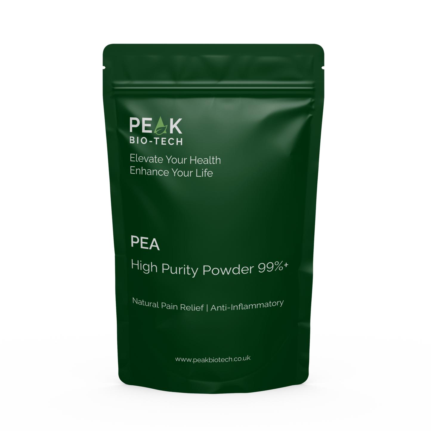 Front View of Peak Bio Tech High Purity PEA supplement Pouch. For Natural pain relief and anti-inflammation.