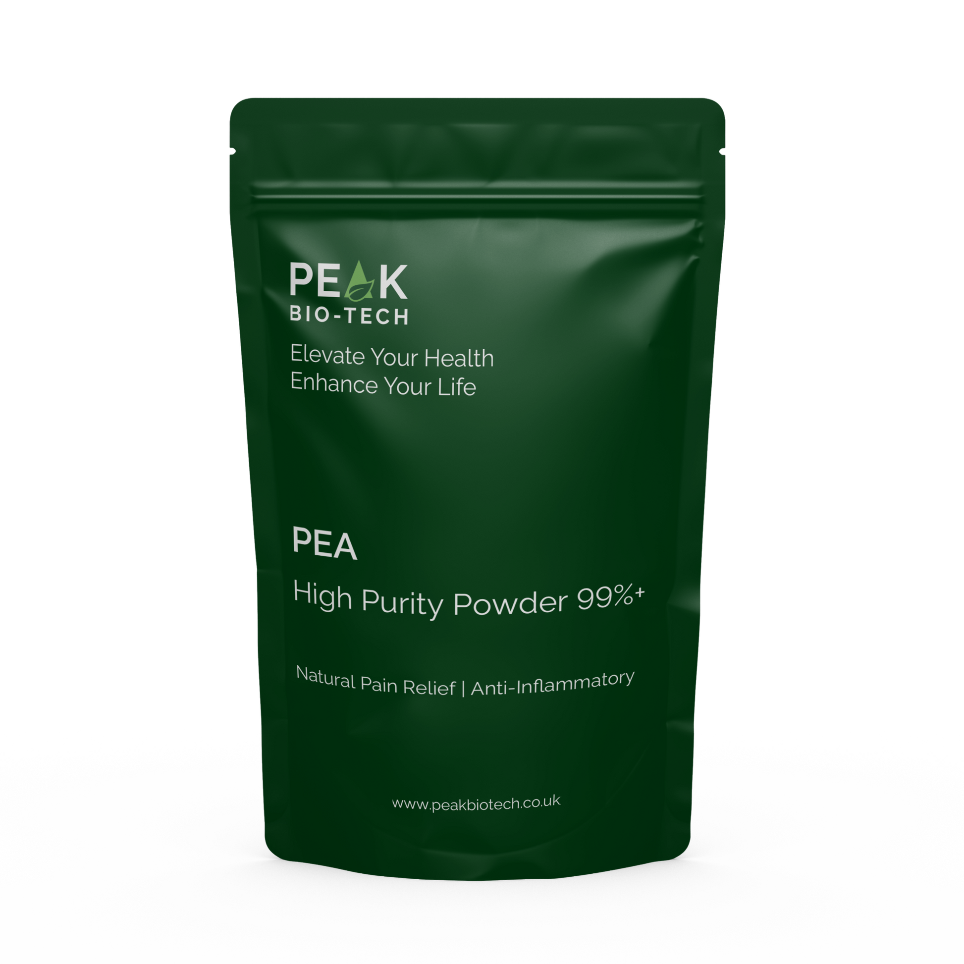 Front View of Peak Bio Tech High Purity PEA supplement Pouch. For Natural pain relief and anti-inflammation.