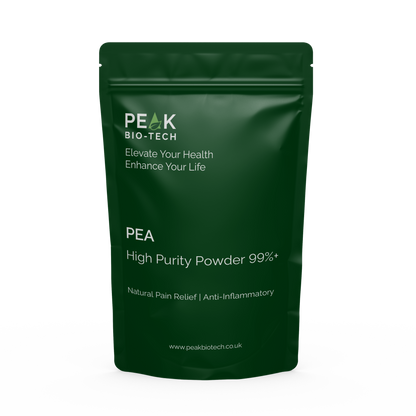 Front View of Peak Bio Tech High Purity PEA supplement Pouch. For Natural pain relief and anti-inflammation.