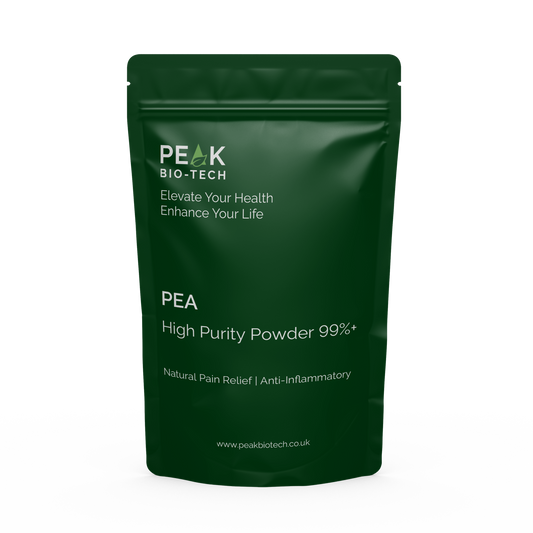 Front View of Peak Bio Tech High Purity PEA supplement Pouch. For Natural pain relief and anti-inflammation.