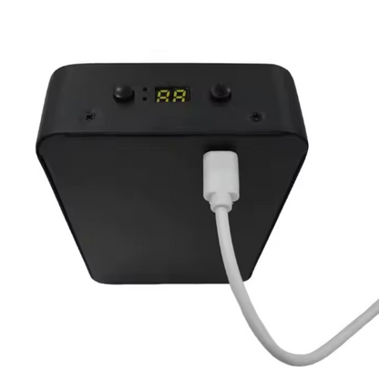 Rear view of the Peak Bio-Tech Peak Mini 60W portable clinical-grade red light therapy panel with USB charger and battery, ideal for travel