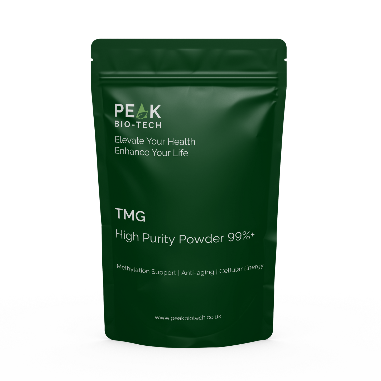 Front View of Peak Bio Tech TMG High Purity Powder in a pouch. For DNA repair and Methylation support, works with NMN.