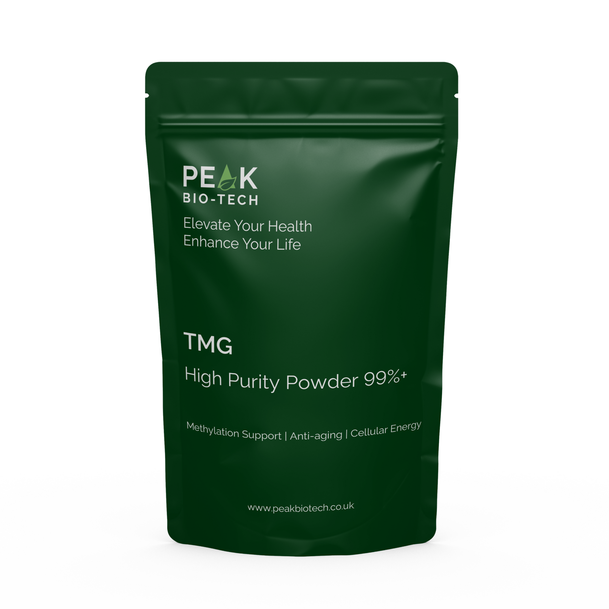 Front View of Peak Bio Tech TMG High Purity Powder in a pouch. For DNA repair and Methylation support, works with NMN.
