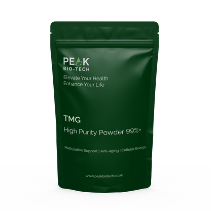 Front View of Peak Bio Tech TMG High Purity Powder in a pouch. For DNA repair and Methylation support, works with NMN.