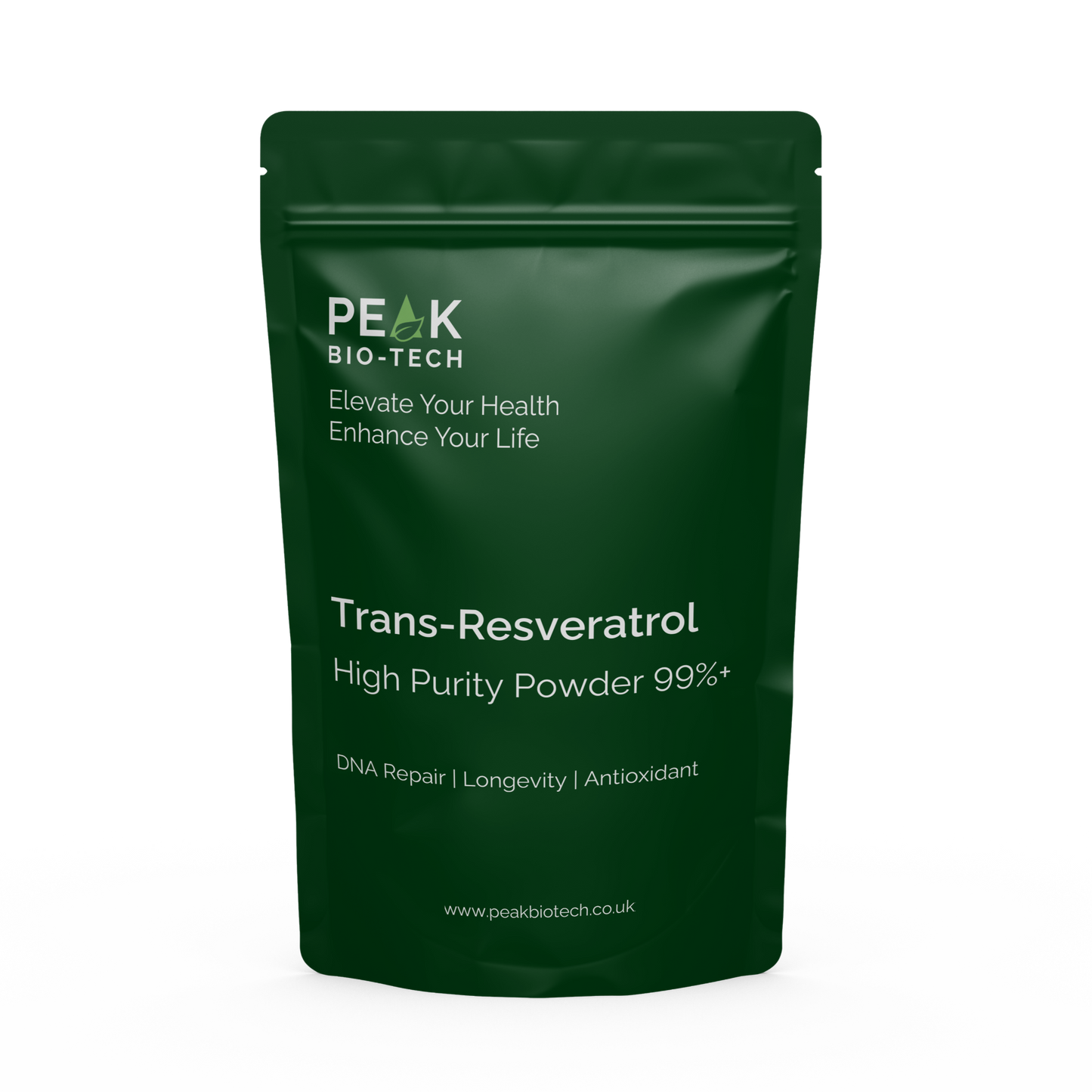 Front View of Peak Bio Tech Trans Resveratrol High Purity Powder in a pouch. For DNA repair and Longevity.