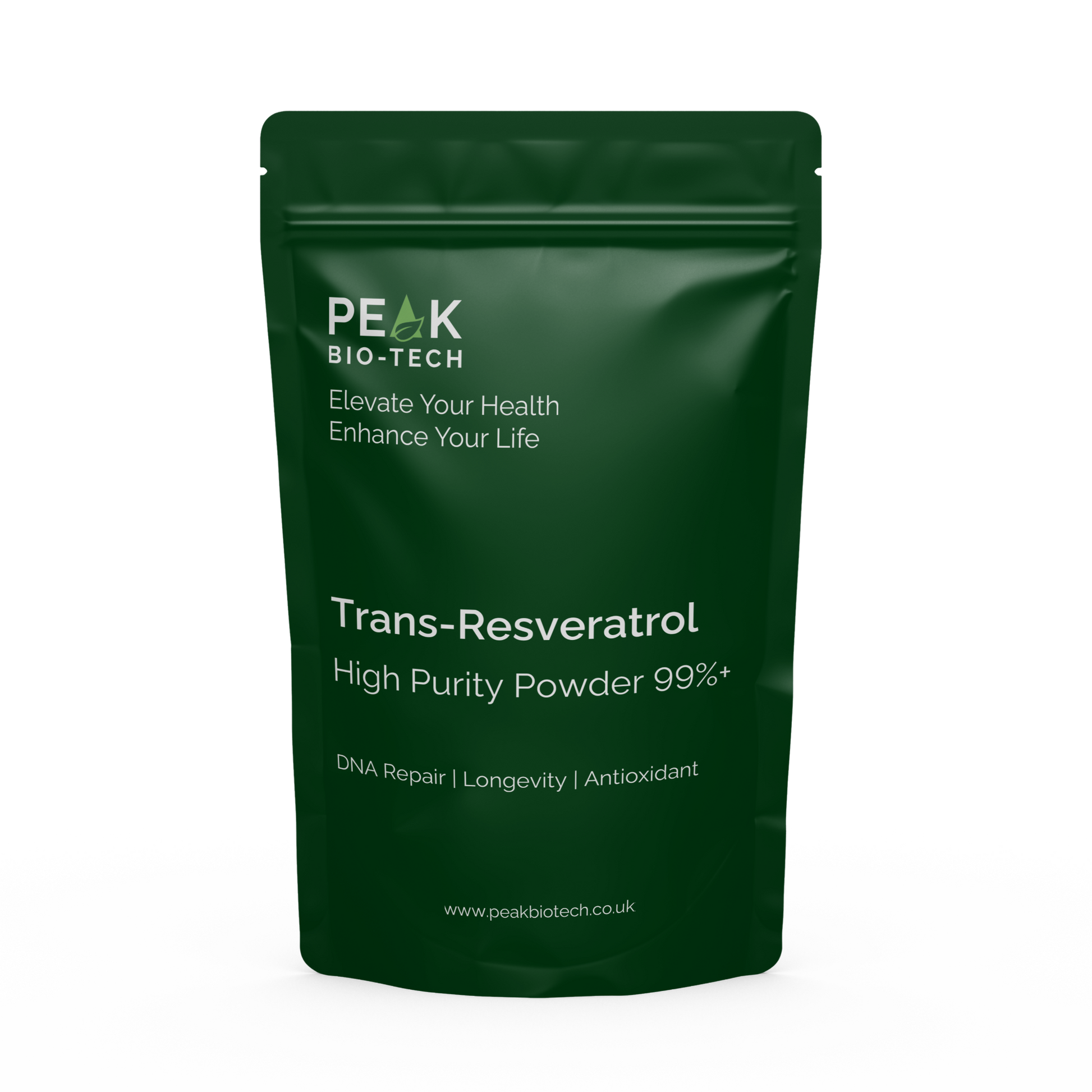 Front View of Peak Bio Tech Trans Resveratrol High Purity Powder in a pouch. For DNA repair and Longevity.
